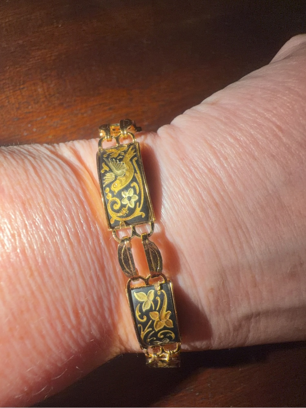 Gold and Black Floral Link Bracelet - Elegant Women's Jewelry